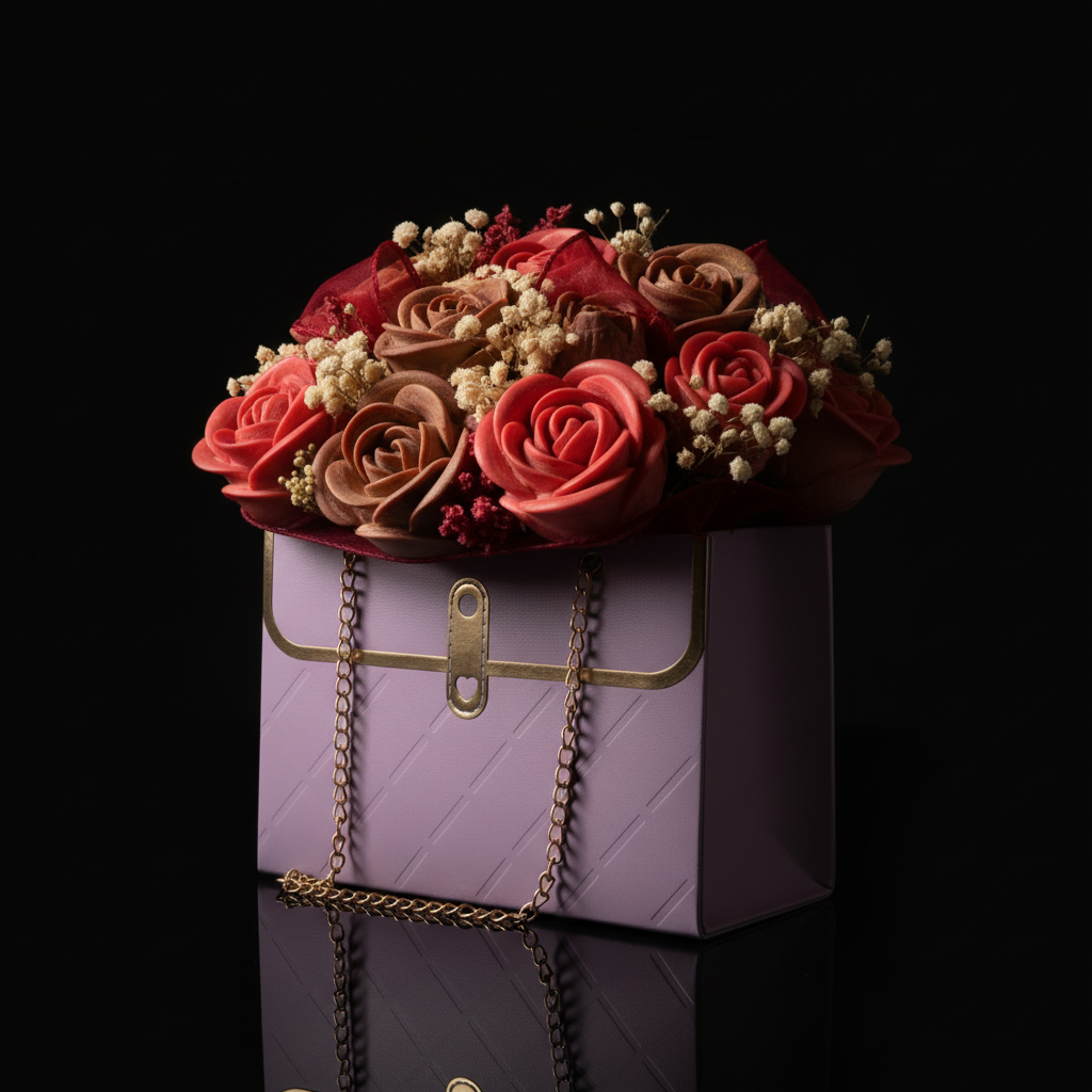 Close-up of lavender bag and gold chain