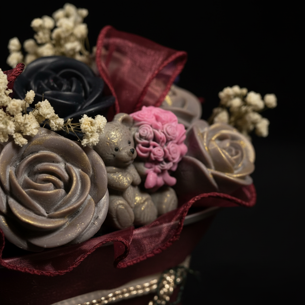 Extreme close-up of gold accents on rose petals