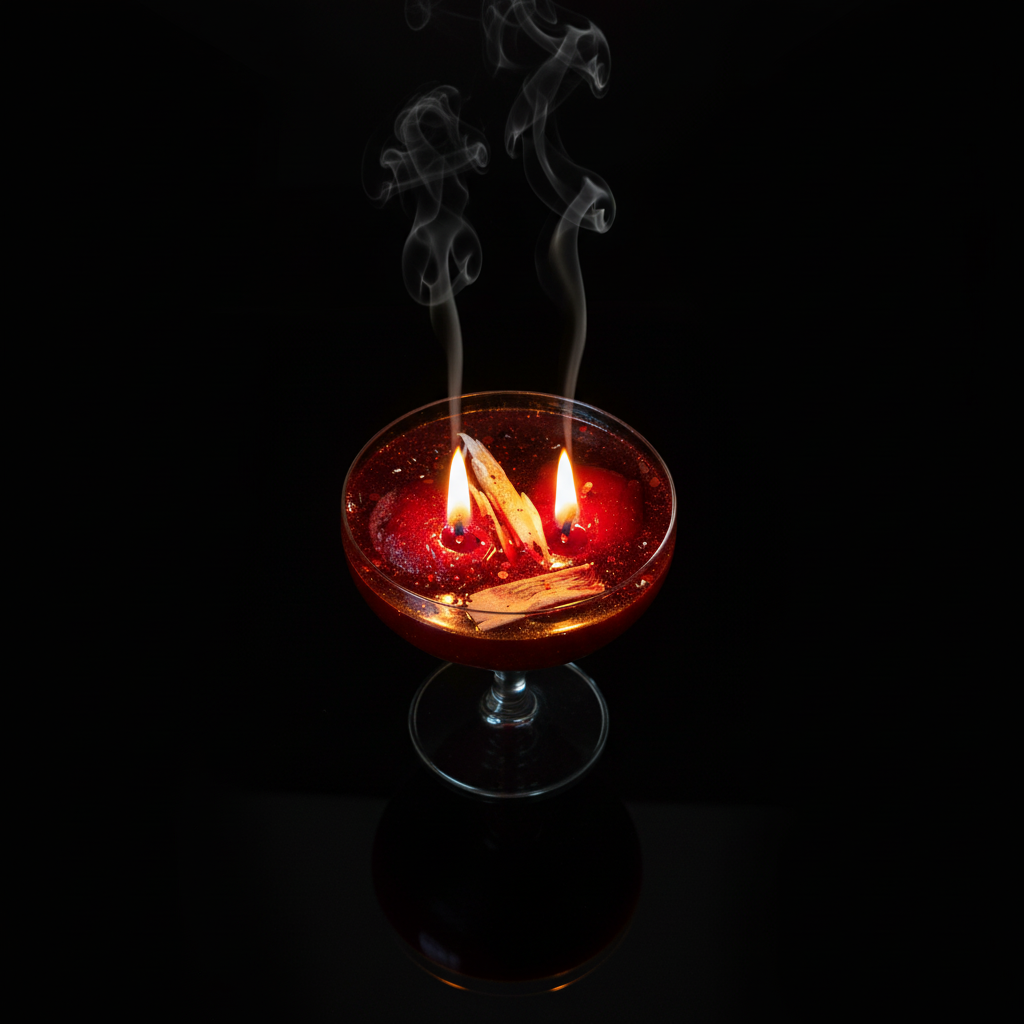 Luxury candle top-down view with two lit wicks and smoke