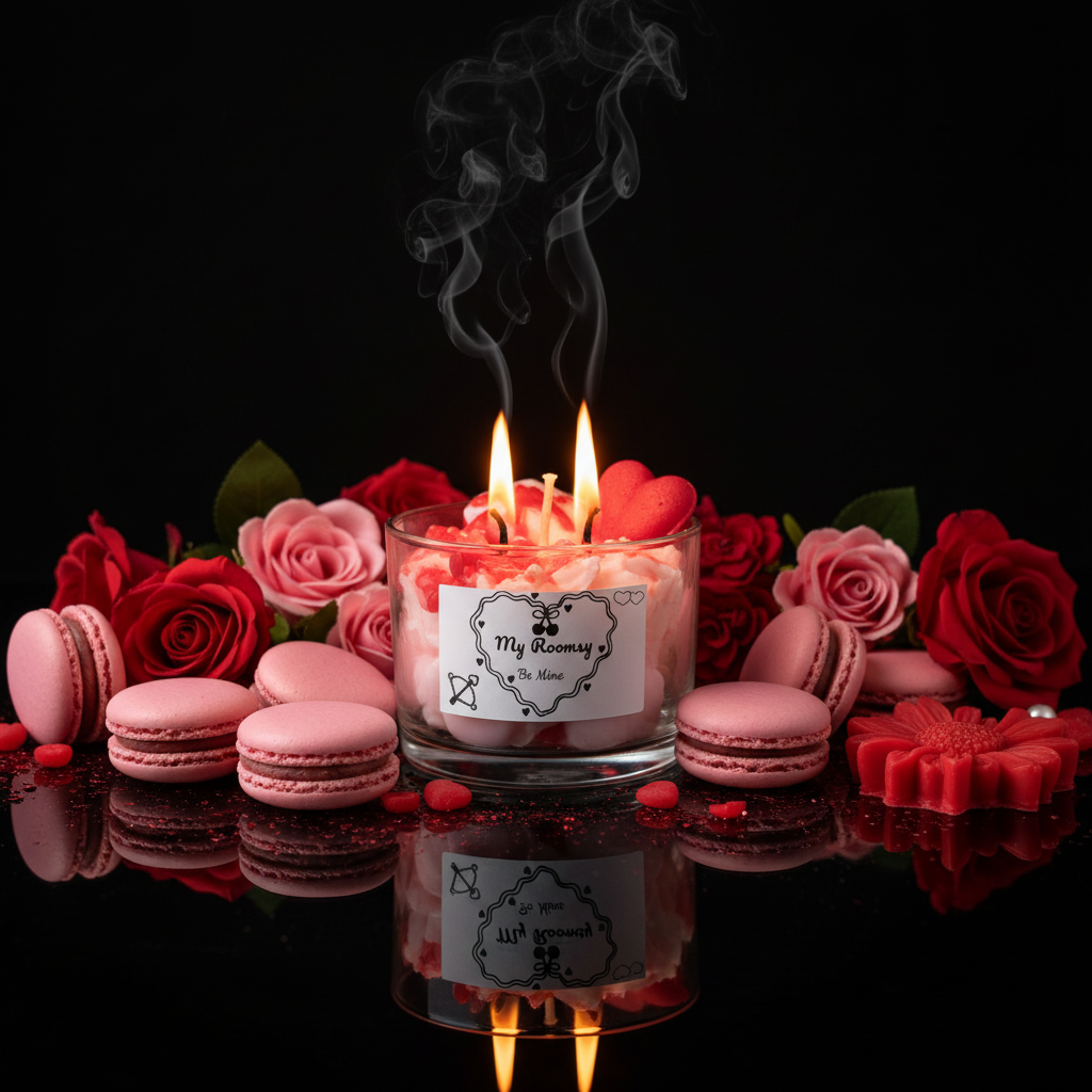 Candle with pink macaron and pink heart inside, abundantly styled