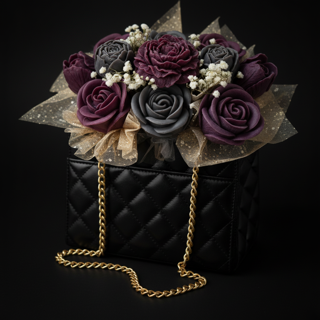 Close-up of plum roses with gold chain