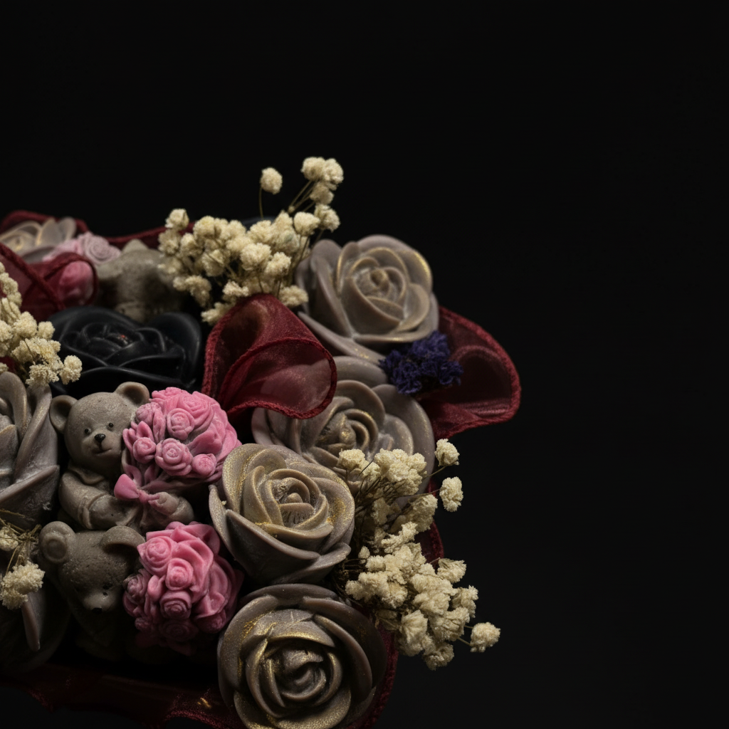 Close-up of roses with teddy bear