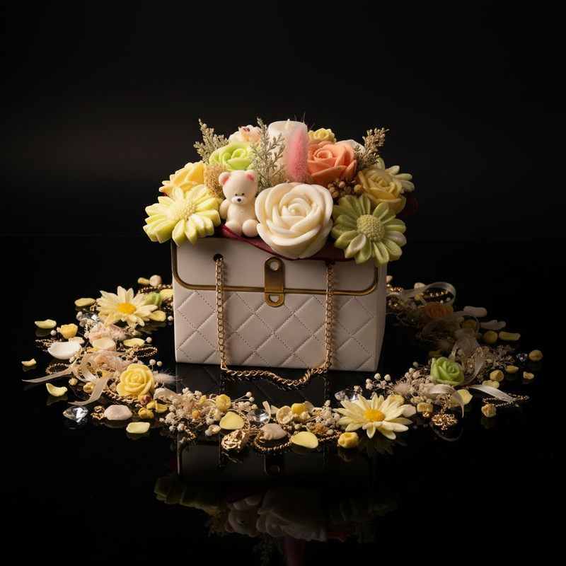 Cream bag bouquet with decorations