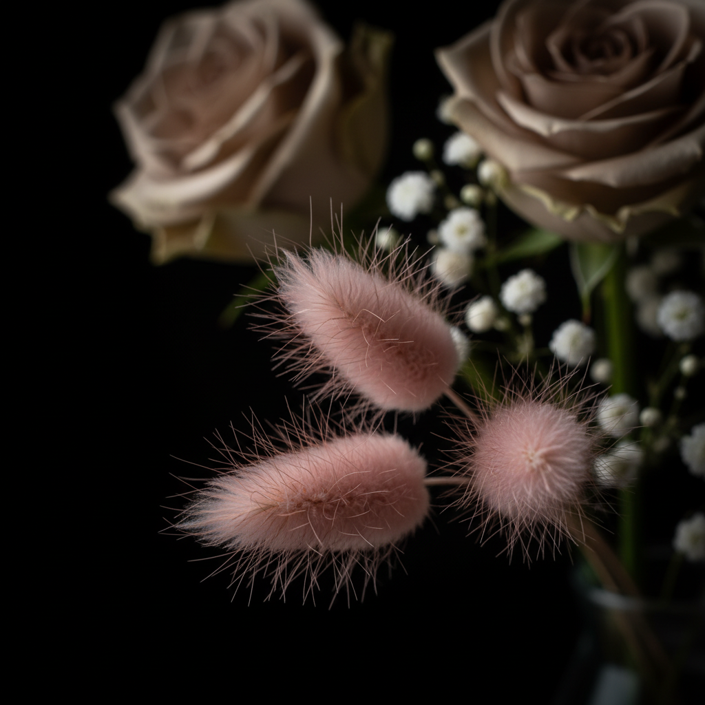 Extreme close-up of bunny tail grass and baby's breath