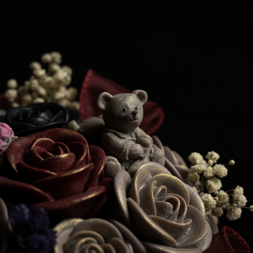Extreme close-up of teddy bear on rose