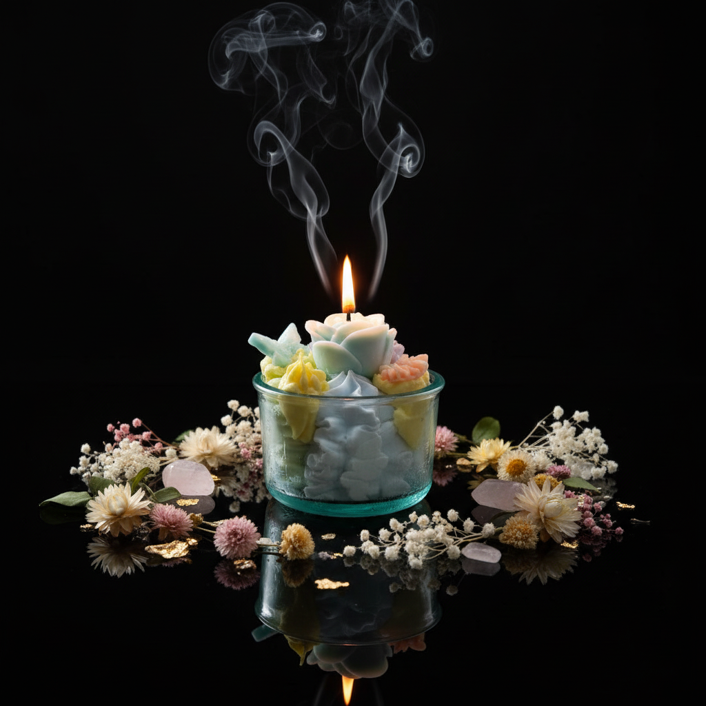 Luxury candle on black reflective floor with decorative elements, no bottle