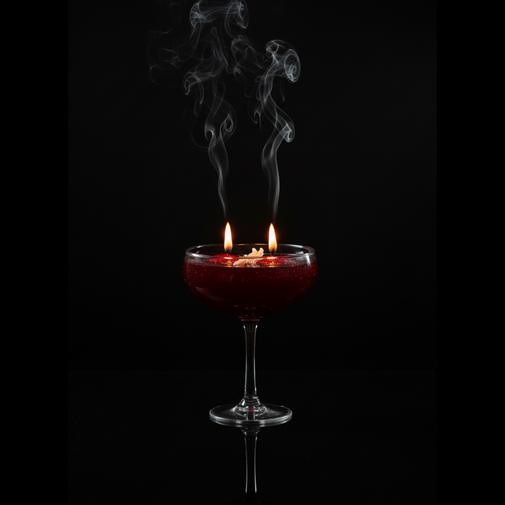 Luxury candle with two lit wicks and smoke on black reflective surface