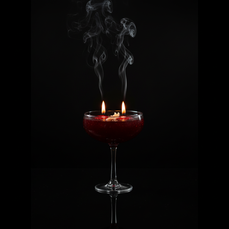 Luxury candle with two lit wicks and smoke on black reflective surface