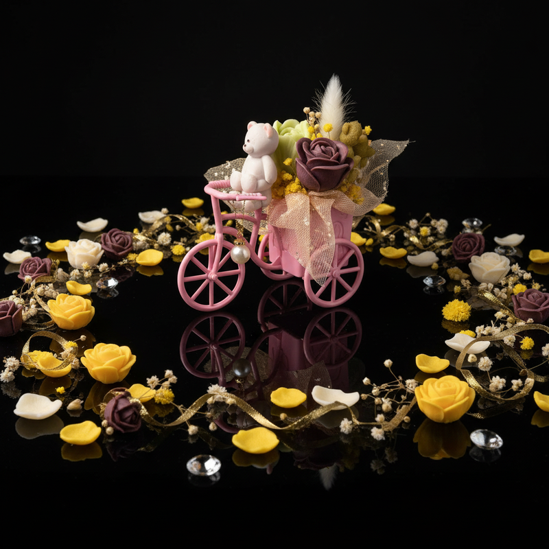 Pink bicycle with teddy and flowers