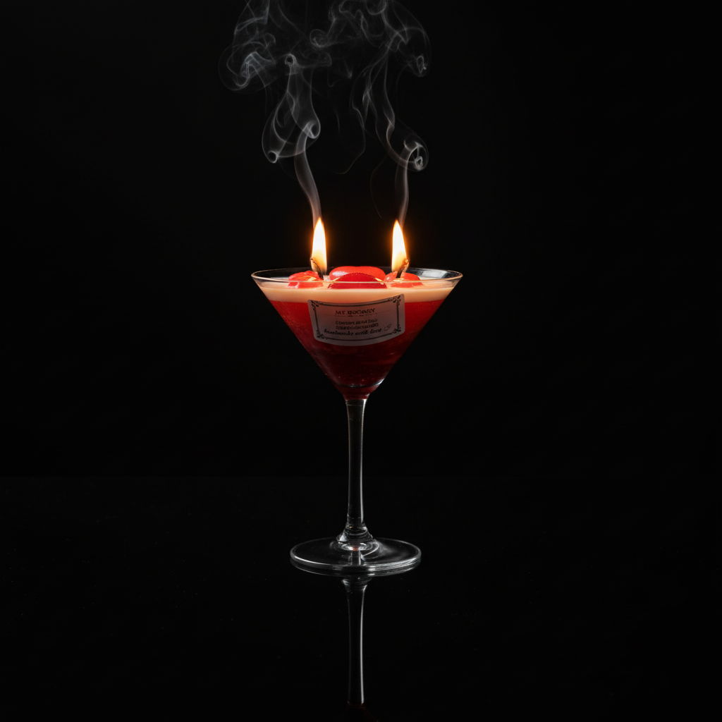 Premium candle with red hearts and two lit wicks on black reflective background