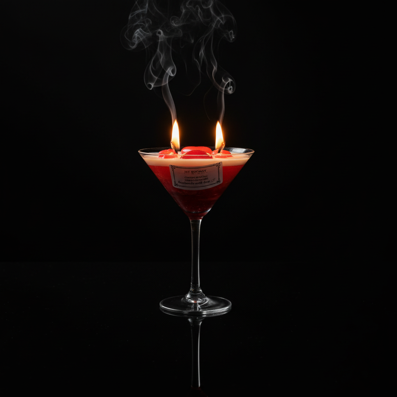 Premium candle with red hearts and two lit wicks on black reflective background