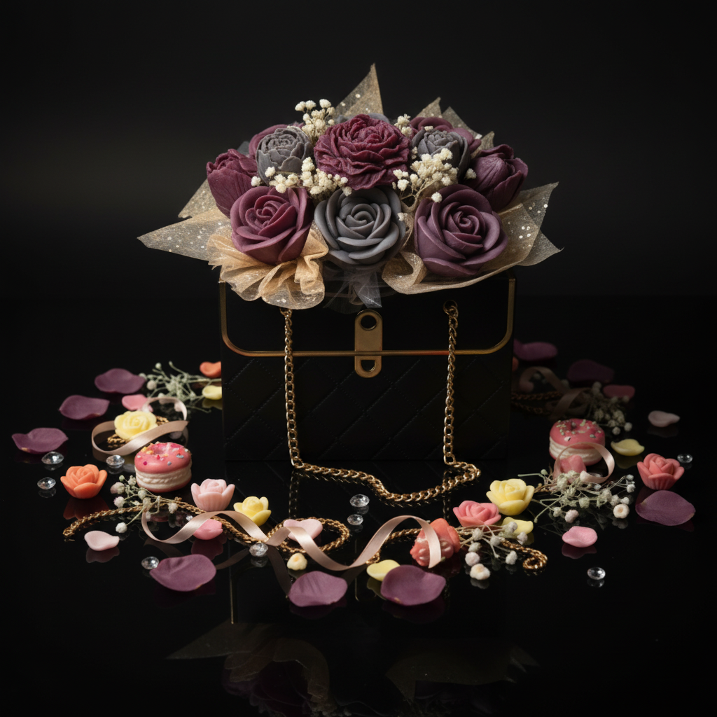Purple roses in black gold quilted box