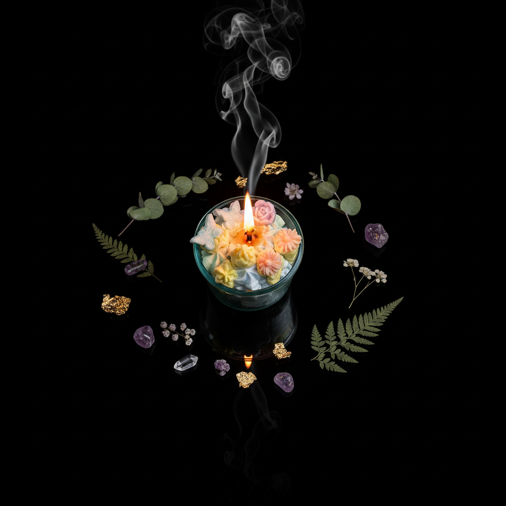 Top-down luxury candle with decorative elements on black reflective floor