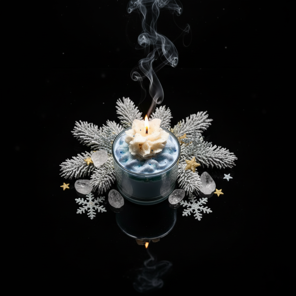 Top-down view of winter-themed luxury candle with flame and festive elements on black background