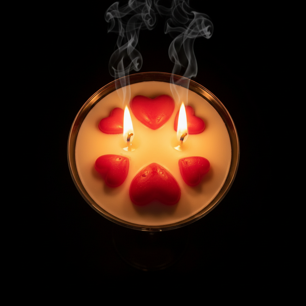 Top view of candle with two lit wicks and red hearts