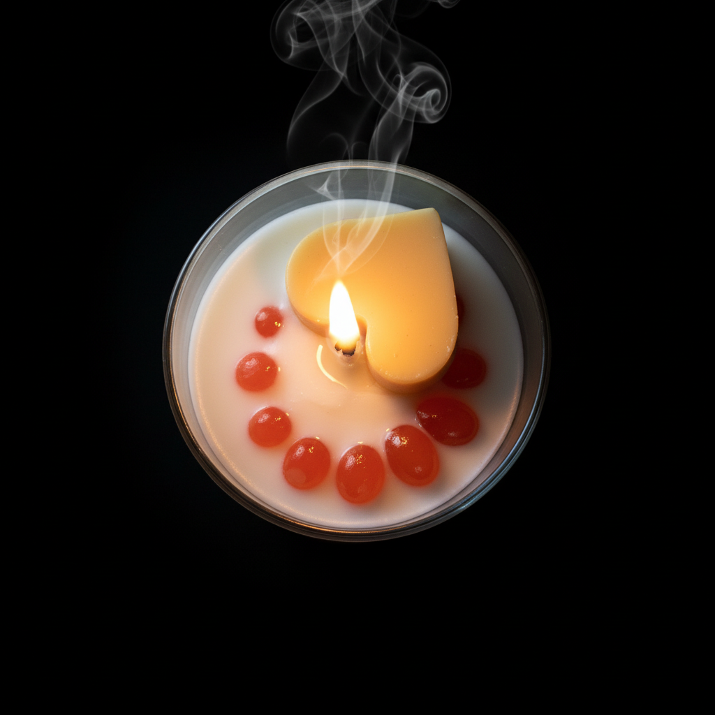 Top view of your candle with decorative toppings, lit wick and smoke on black background