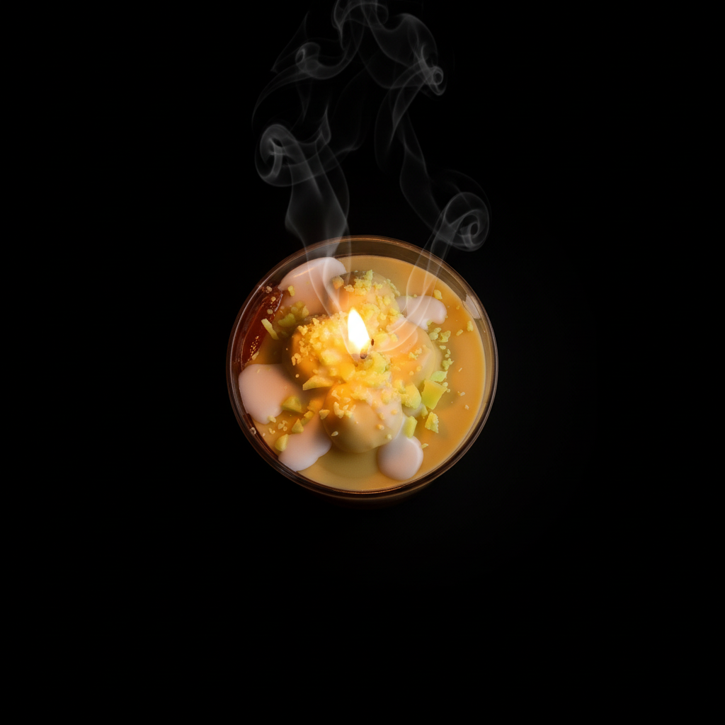 Top view of your orange candle with decorative toppings, lit wick and smoke on black background