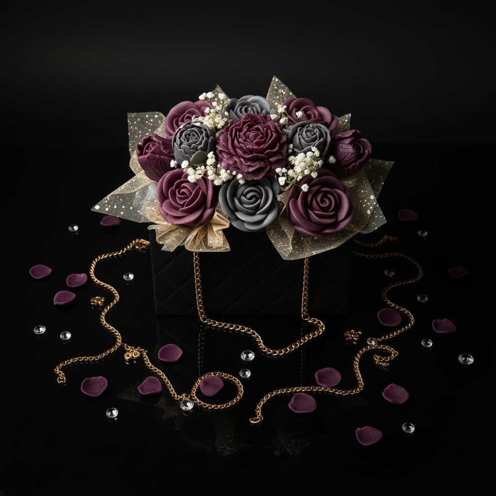 Top view purple roses black gold box