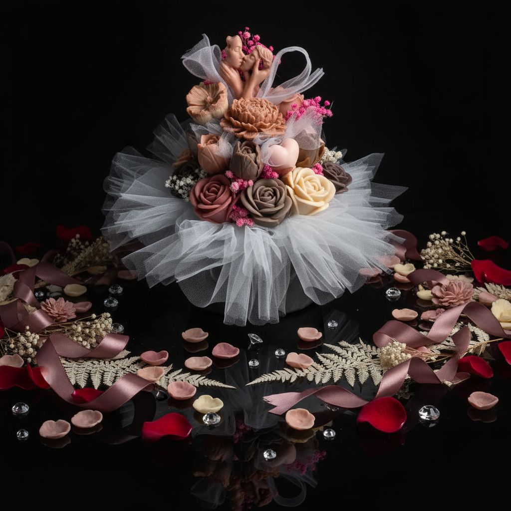 Tulle bouquet with kissing couple