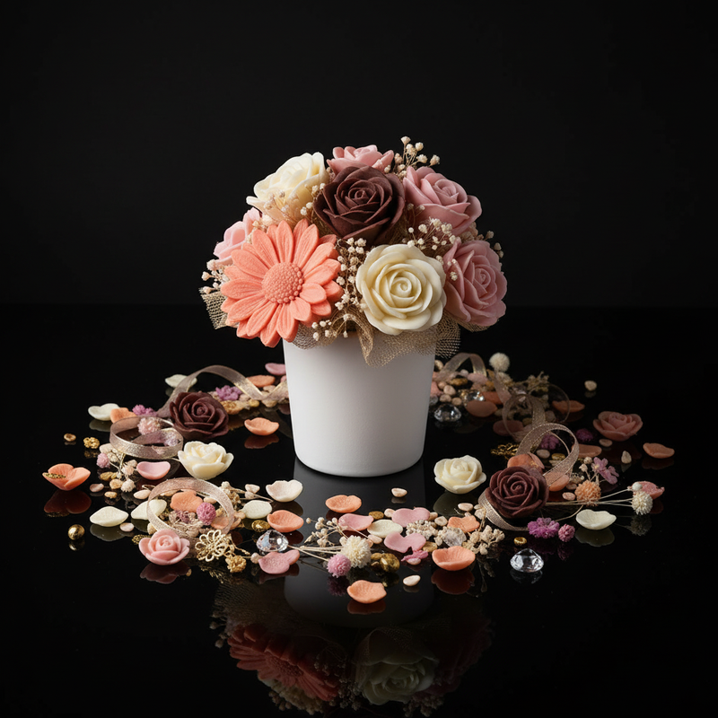 White pot with peachy daisies