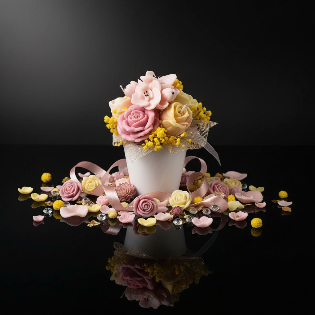 White pot with pink and yellow flowers
