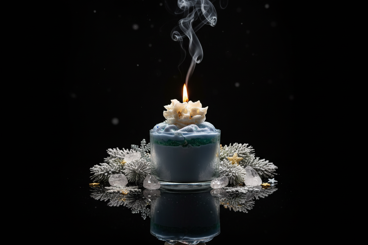 Winter-themed luxury candle with clear glass, flame, smoke, and festive elements on black reflective background