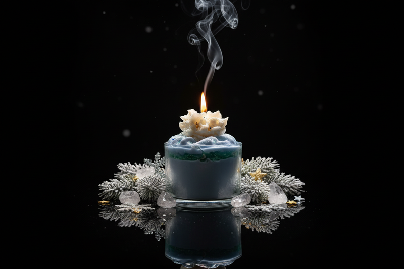 Winter-themed luxury candle with clear glass, flame, smoke, and festive elements on black reflective background