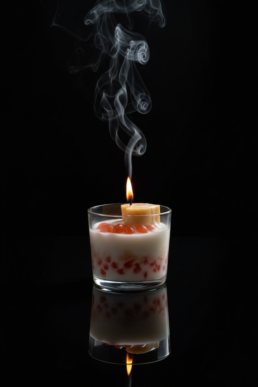 Your candle with lit wick and smoke on black reflective background