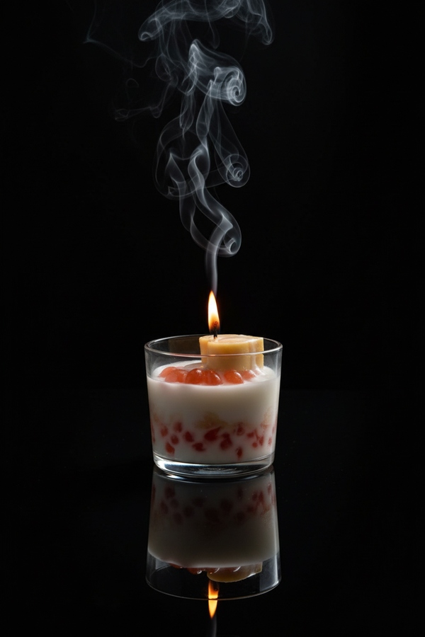 Your candle with lit wick and smoke on black reflective background