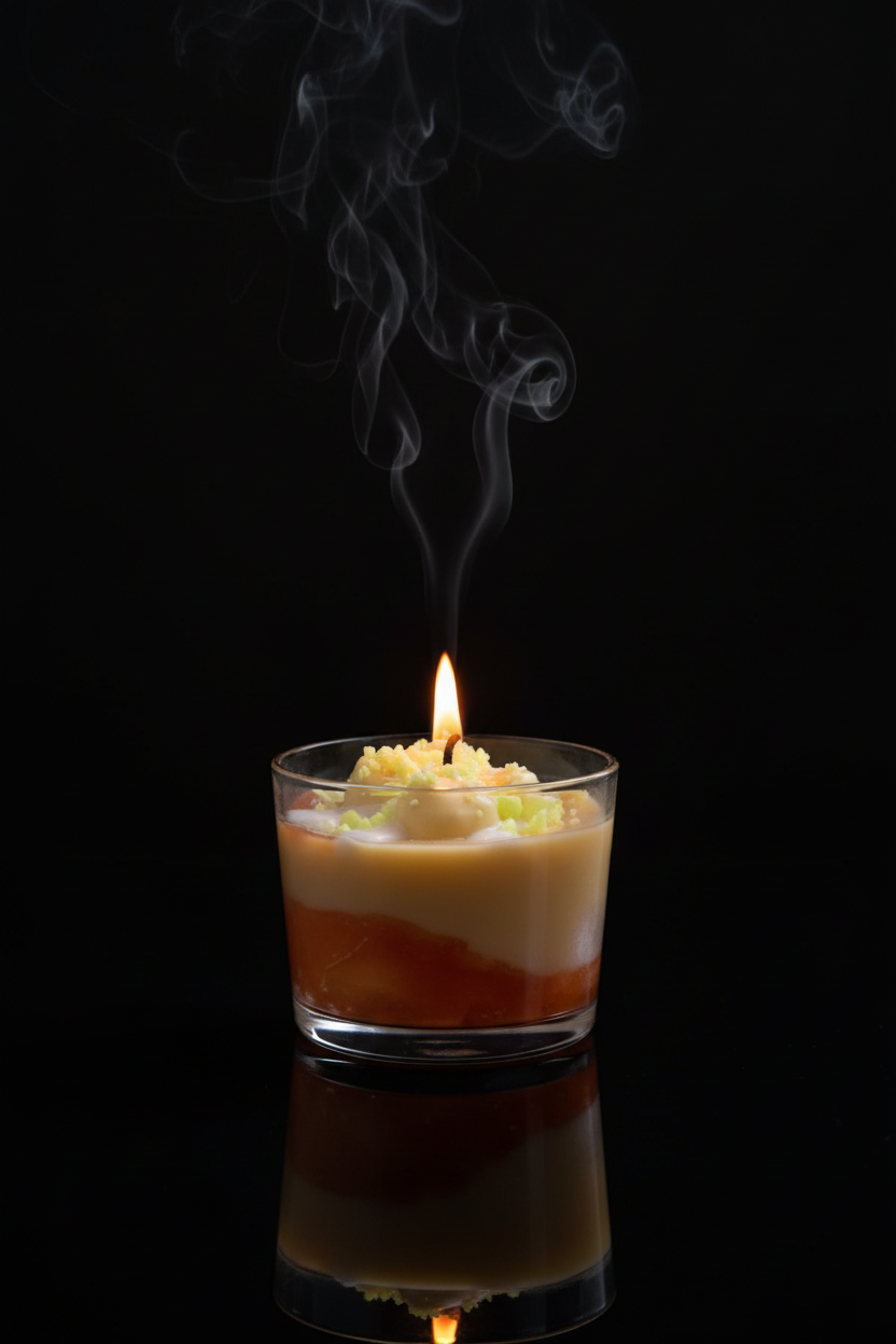 Your orange candle with lit wick and smoke on black reflective background